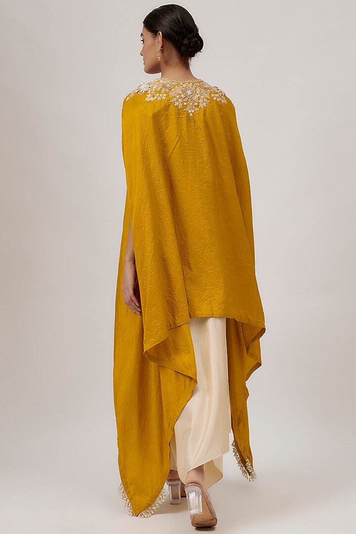 Mustard & Ivory Silk Lampi Work Kaftan Set by Prisho at Pernia's Pop Up Shop
