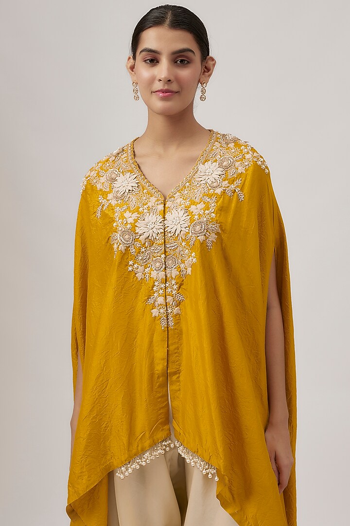 Mustard & Ivory Silk Lampi Work Kaftan Set by Prisho at Pernia's Pop Up Shop