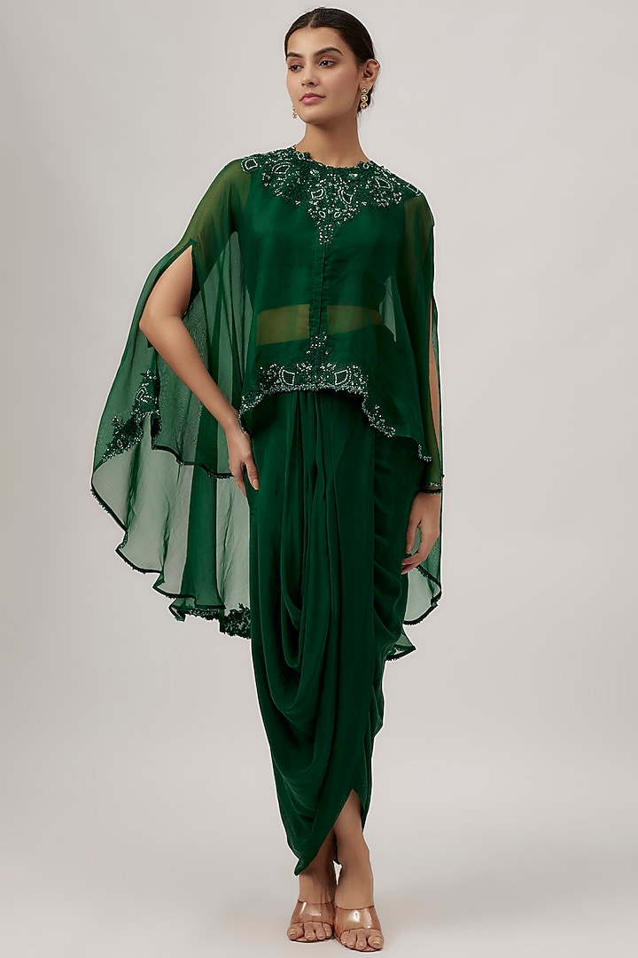 Green Organza Resham Work Umbrella Kaftan Set by Prisho at Pernia's Pop Up Shop