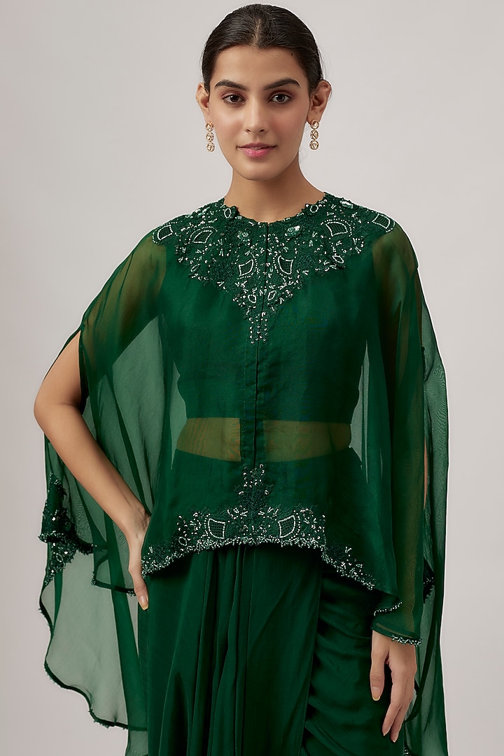 Green Organza Resham Work Umbrella Kaftan Set by Prisho at Pernia's Pop Up Shop