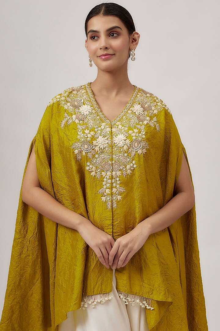 Lime Green & Ivory Silk Resham Work Kaftan Set by Prisho at Pernia's Pop Up Shop