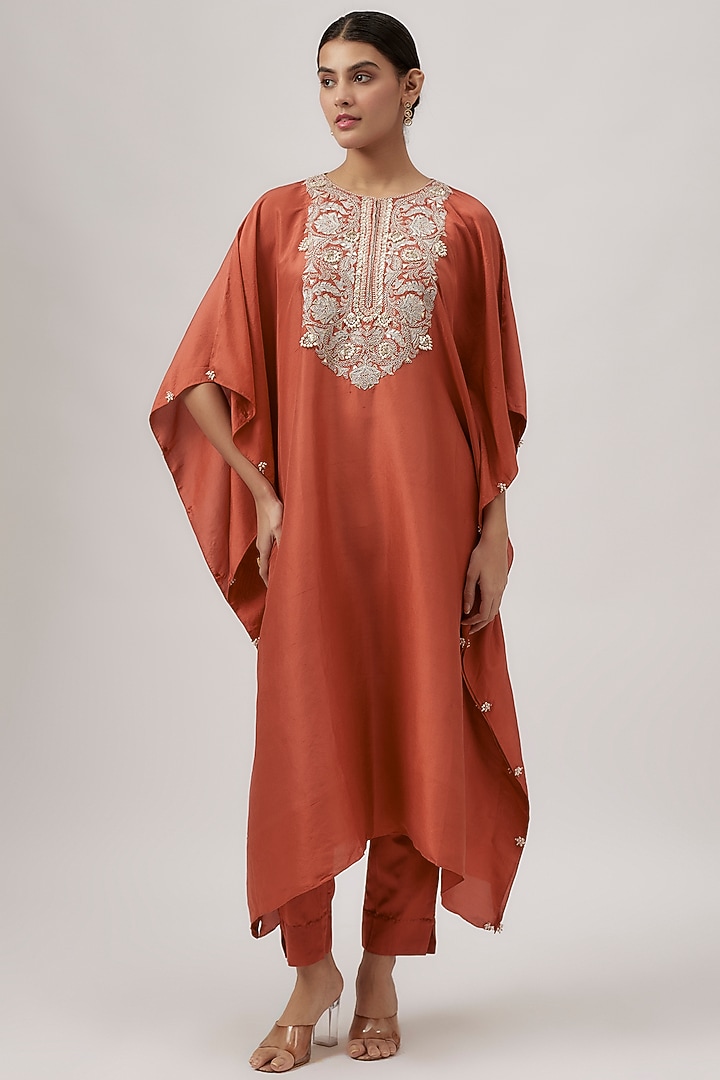 Deep Orange Silk Gota Work Kaftan Set by Prisho at Pernia's Pop Up Shop