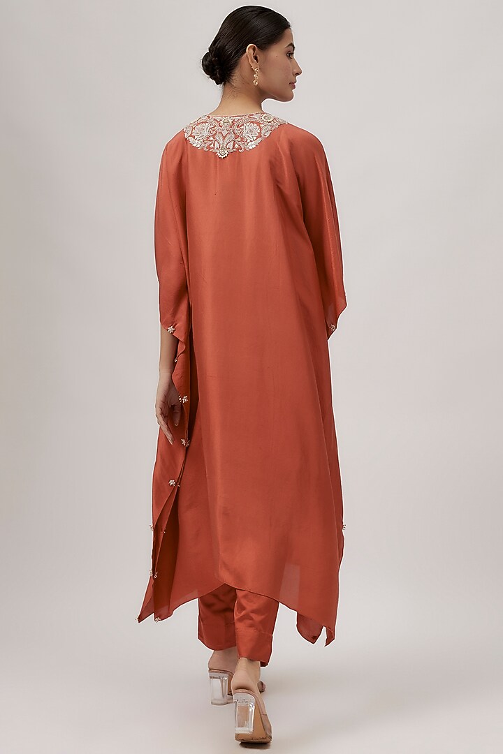 Deep Orange Silk Gota Work Kaftan Set by Prisho at Pernia's Pop Up Shop