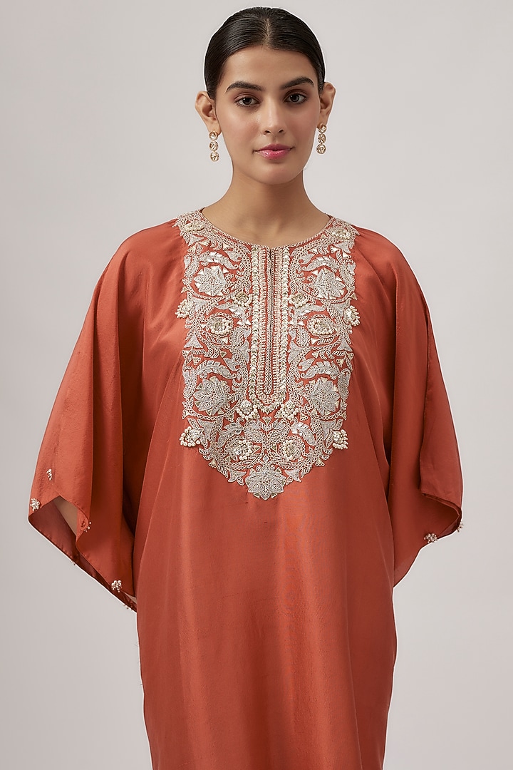 Deep Orange Silk Gota Work Kaftan Set by Prisho at Pernia's Pop Up Shop