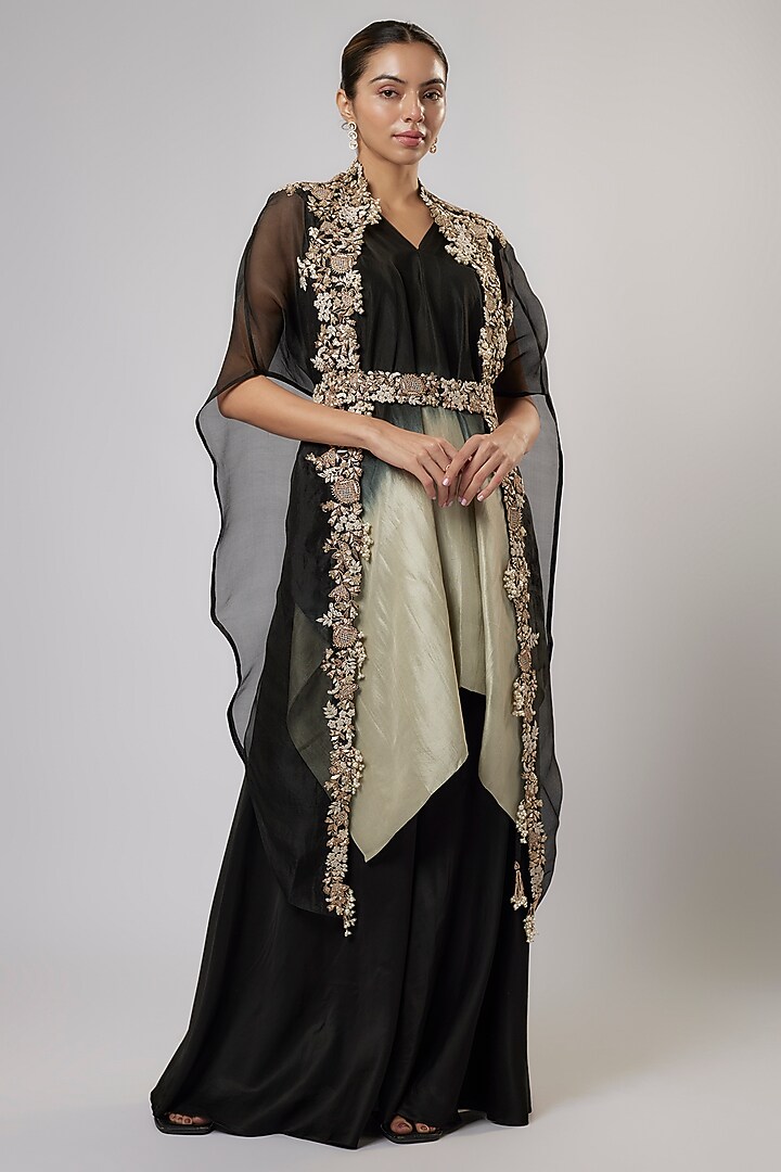 Black Organza Dori & Resham Work Cape Set by Prisho at Pernia's Pop Up Shop