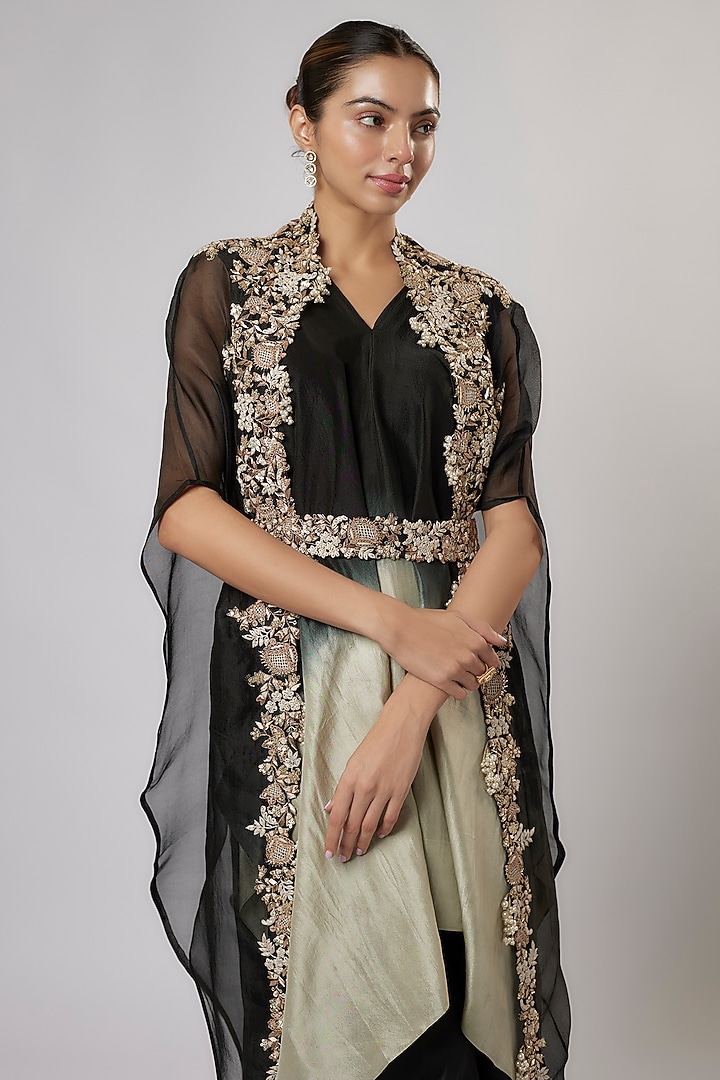 Black Organza Dori & Resham Work Cape Set by Prisho at Pernia's Pop Up Shop