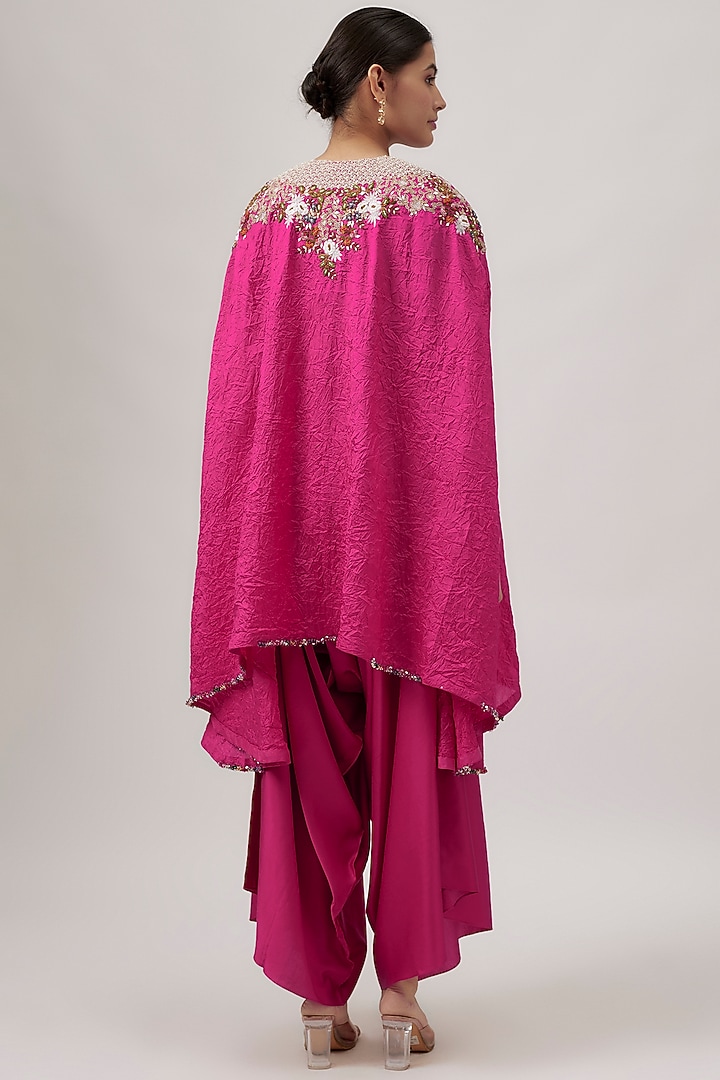 Fuchsia Crushed Silk Multi-Colored Thread Work Kaftan Set by Prisho at Pernia's Pop Up Shop