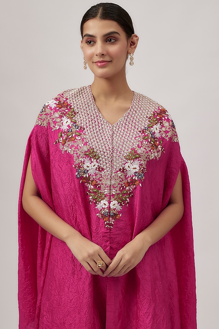 Fuchsia Crushed Silk Multi-Colored Thread Work Kaftan Set by Prisho at Pernia's Pop Up Shop