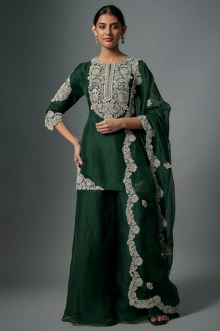 Bottle Green Silk Gota Embroidered Kurta Set by Prisho at Pernia's Pop Up Shop