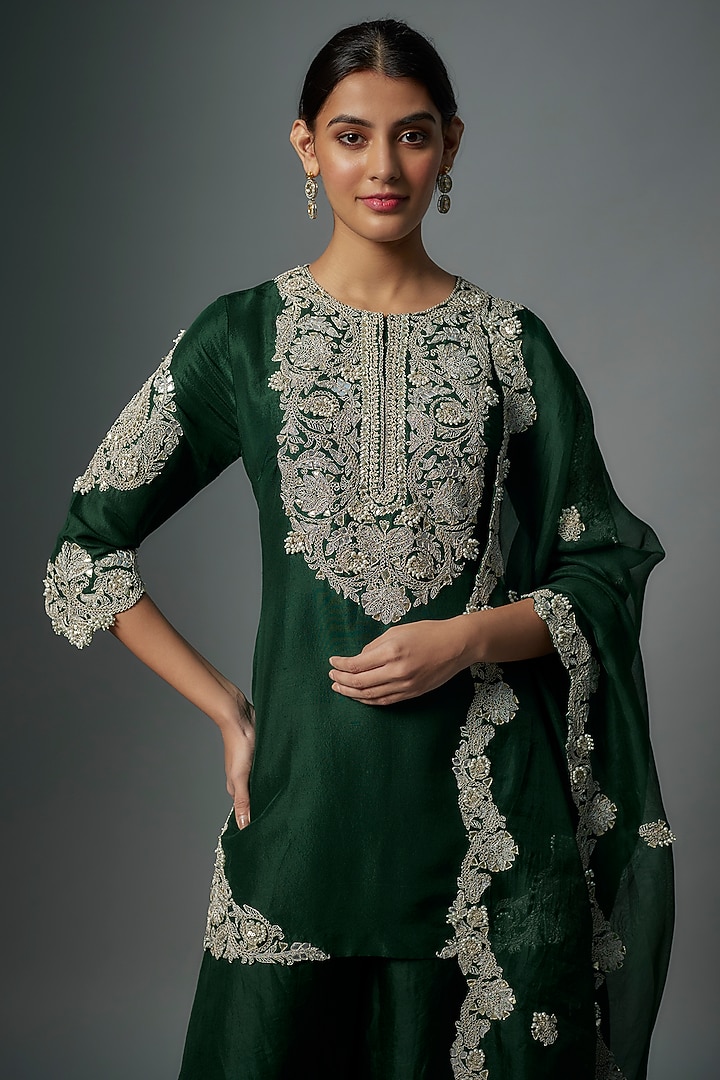 Bottle Green Silk Gota Embroidered Kurta Set by Prisho at Pernia's Pop Up Shop