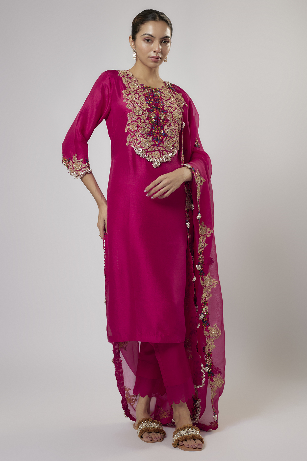 Fuchsia Silk Resham Work Kurta Set by Prisho at Pernia's Pop Up Shop