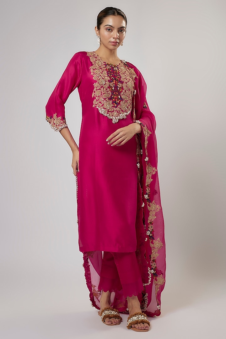 Fuchsia Silk Resham Work Kurta Set by Prisho at Pernia's Pop Up Shop