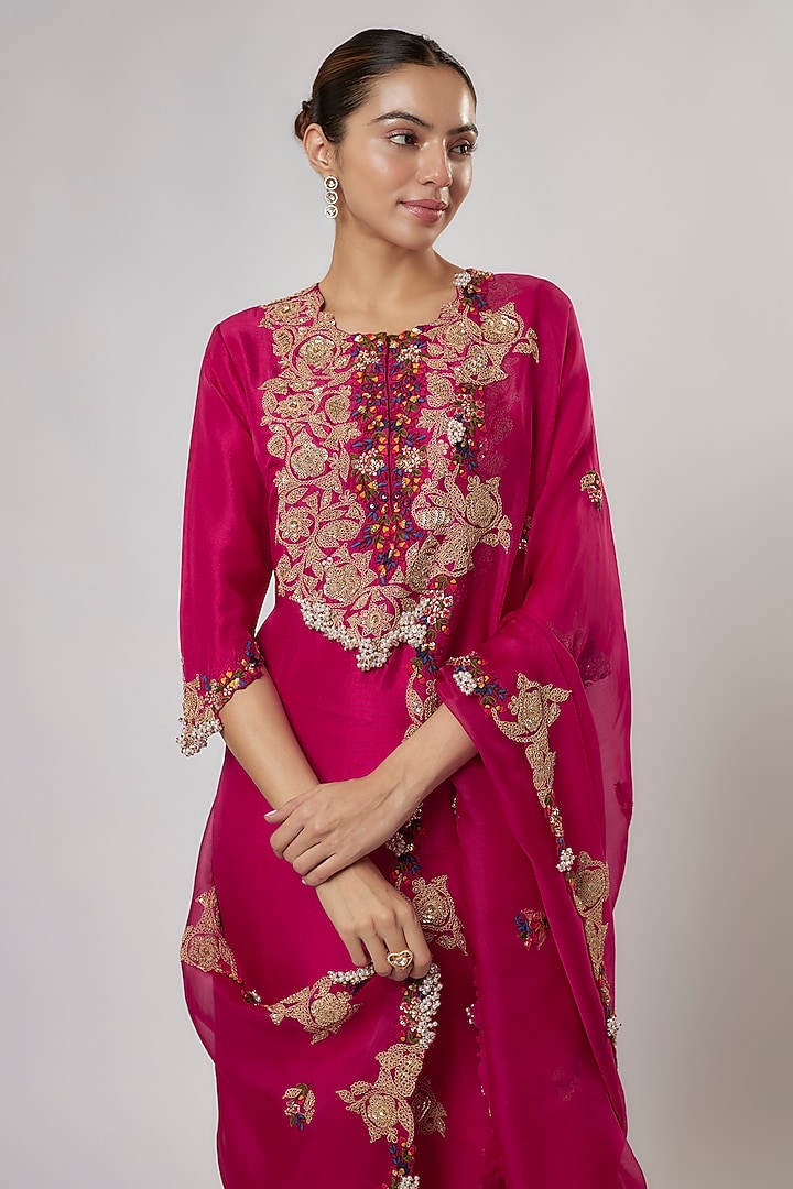 Fuchsia Silk Resham Work Kurta Set by Prisho at Pernia's Pop Up Shop