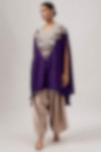 Dark Purple Crushed Silk Multi-Colored Thread Work Kaftan Set by Prisho at Pernia's Pop Up Shop