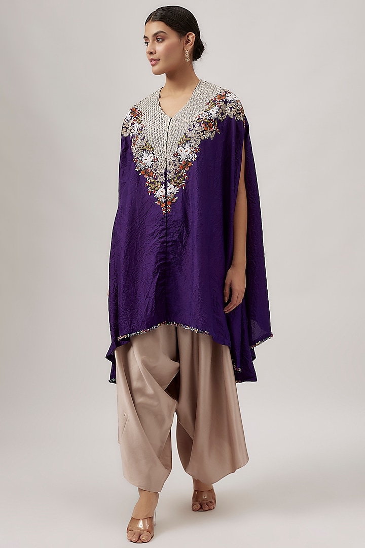 Dark Purple Crushed Silk Multi-Colored Thread Work Kaftan Set by Prisho at Pernia's Pop Up Shop