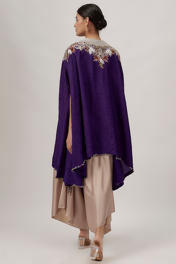 Dark Purple Crushed Silk Multi-Colored Thread Work Kaftan Set by Prisho at Pernia's Pop Up Shop