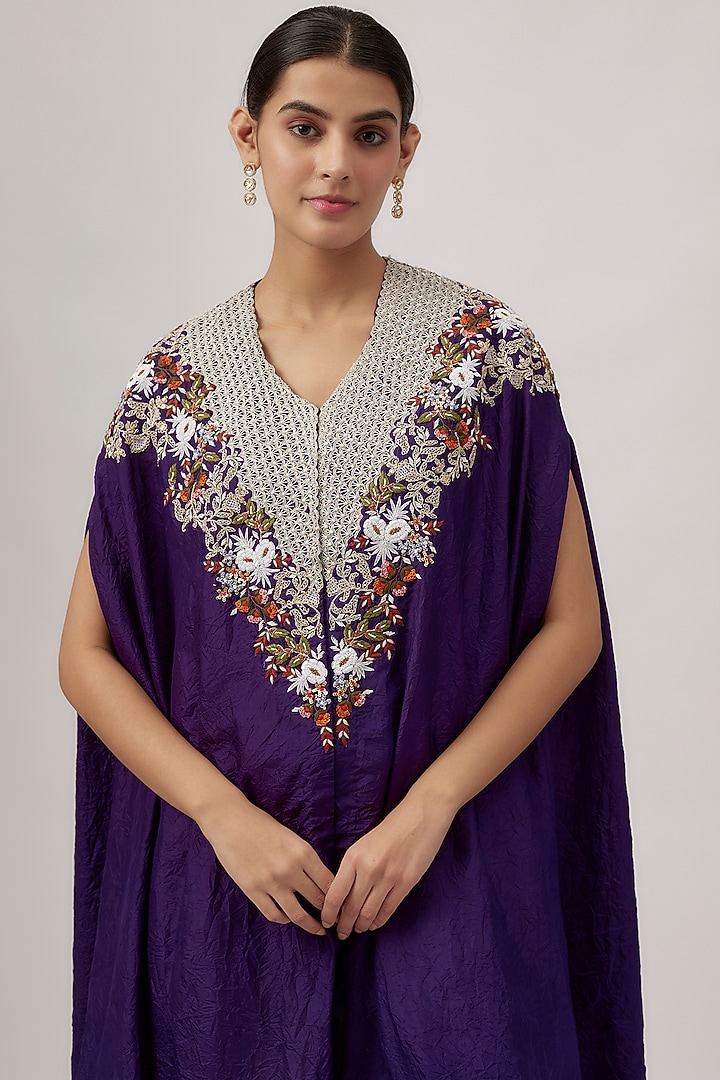 Dark Purple Crushed Silk Multi-Colored Thread Work Kaftan Set by Prisho at Pernia's Pop Up Shop