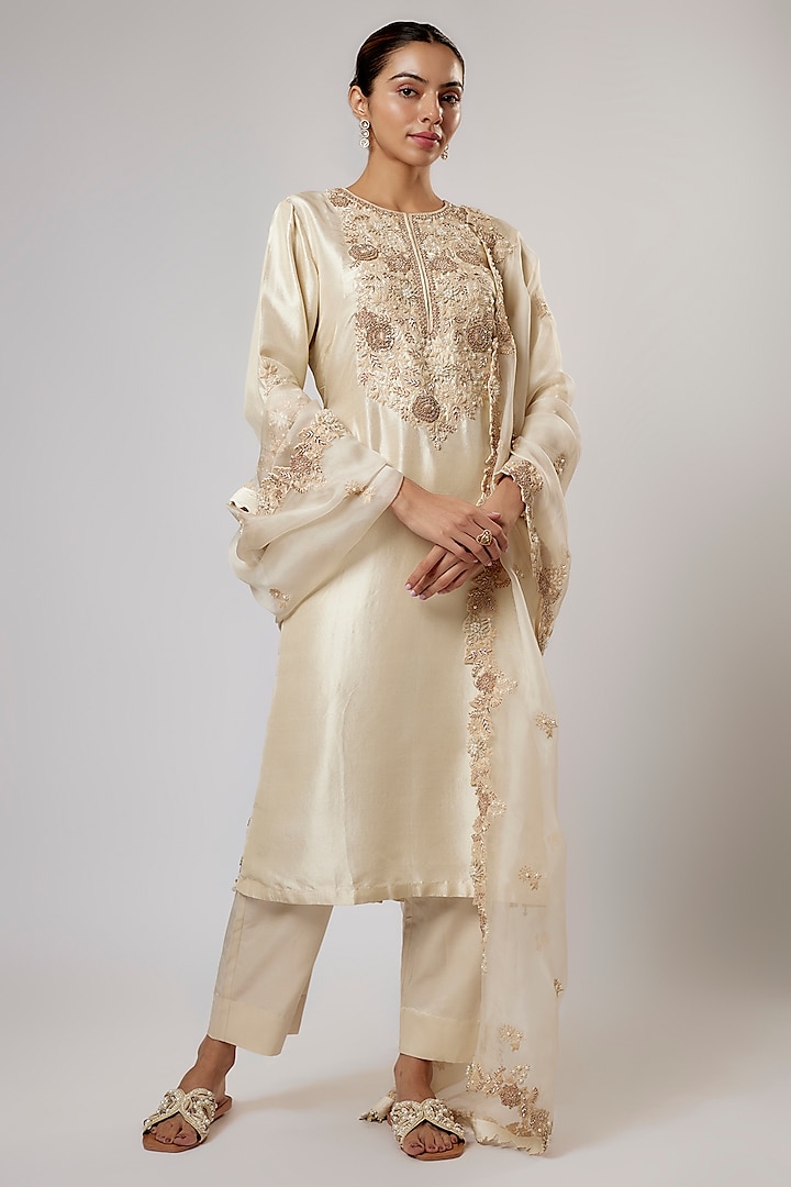 Ivory Silk Resham Work Kurta Set by Prisho at Pernia's Pop Up Shop