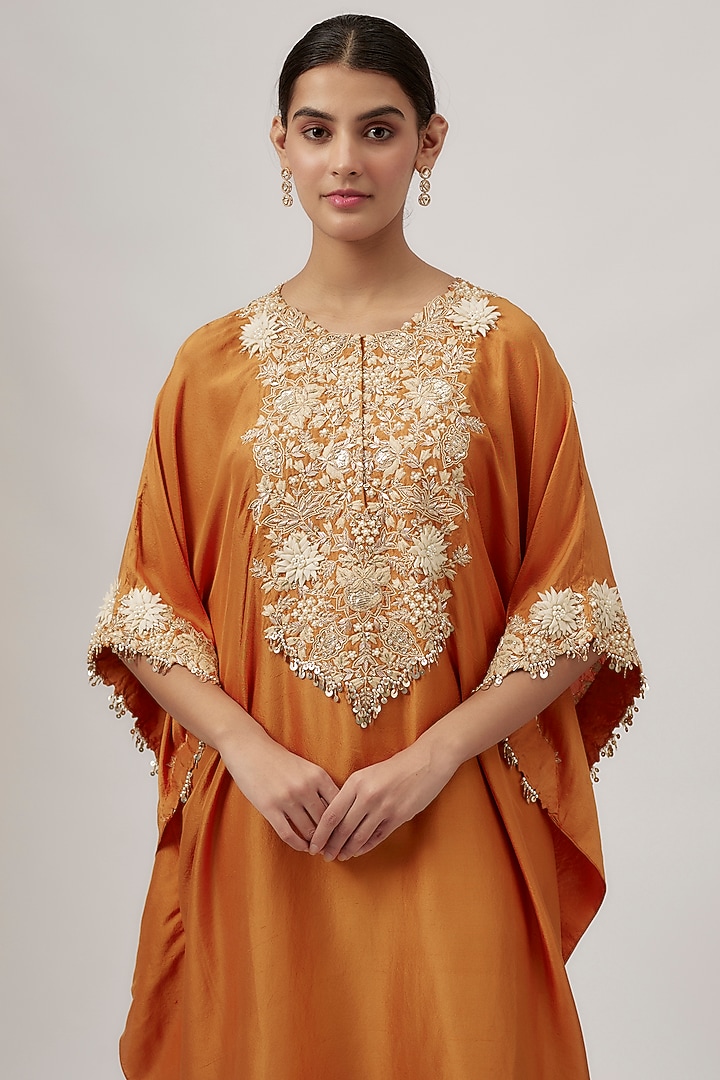 Rust Silk Resham & Lampi Work Kaftan Set by Prisho at Pernia's Pop Up Shop