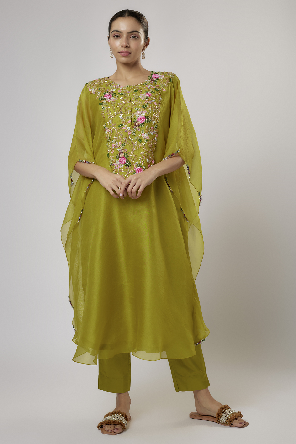 Lime Green Organza Thread Work Kaftan Set by Prisho at Pernia's Pop Up Shop