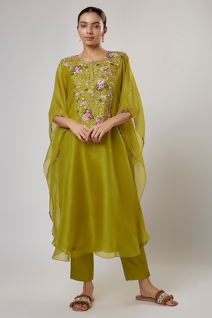 Lime Green Organza Thread Work Kaftan Set by Prisho at Pernia's Pop Up Shop