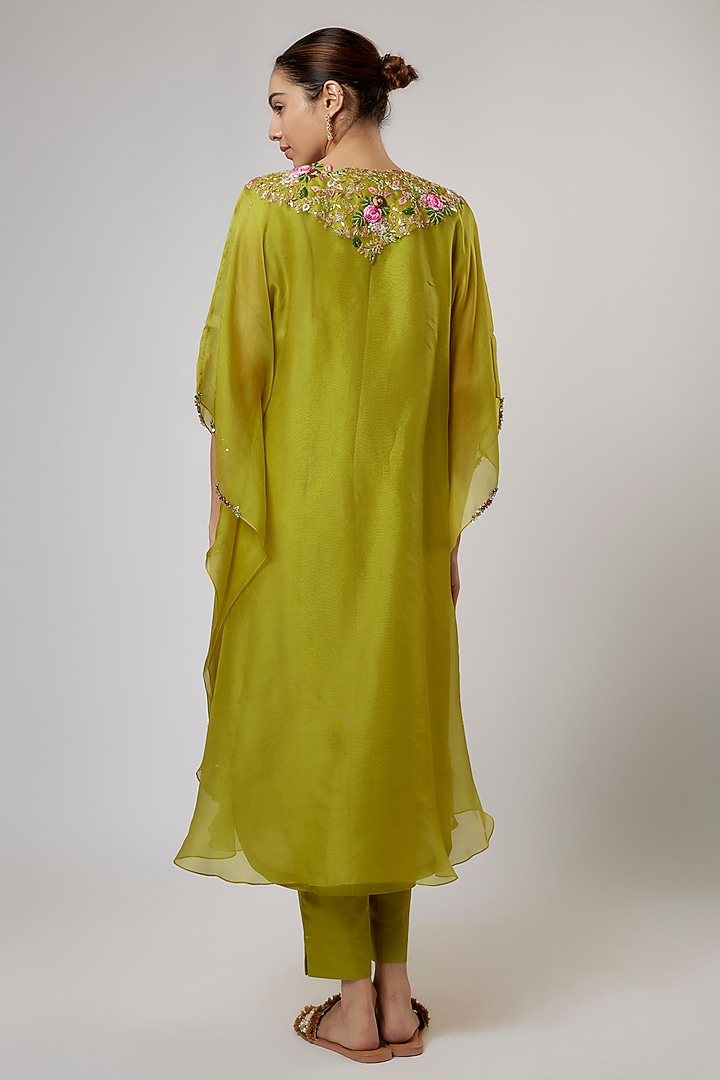 Lime Green Organza Thread Work Kaftan Set by Prisho at Pernia's Pop Up Shop