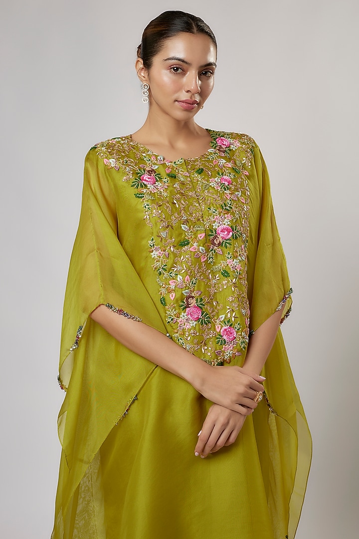Lime Green Organza Thread Work Kaftan Set by Prisho at Pernia's Pop Up Shop