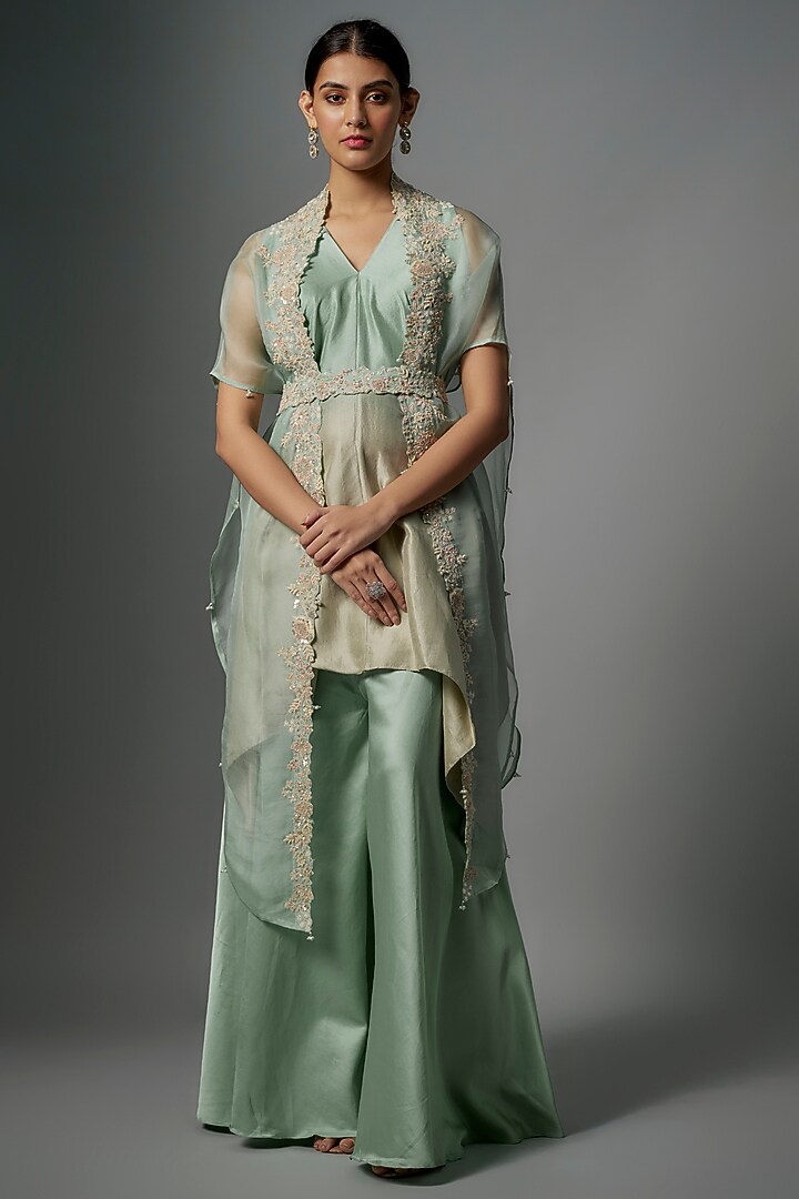 Aqua Blue Organza Resham Embroidered Cape Set by Prisho at Pernia's Pop Up Shop