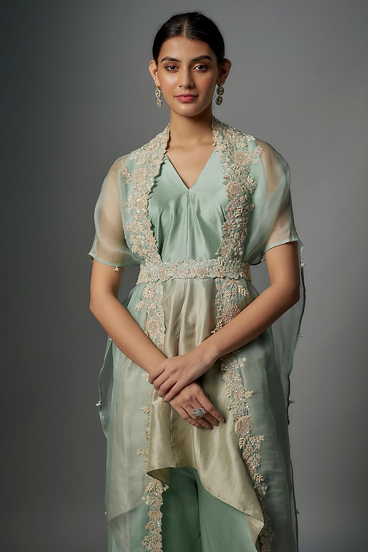 Aqua Blue Organza Resham Embroidered Cape Set by Prisho at Pernia's Pop Up Shop