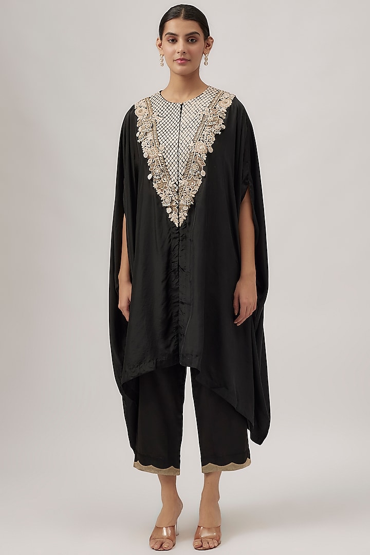 Black Habutai Silk Resham Work Kaftan Set by Prisho at Pernia's Pop Up Shop