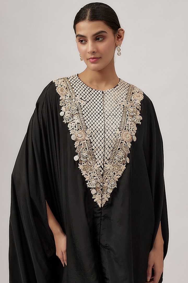 Black Habutai Silk Resham Work Kaftan Set by Prisho at Pernia's Pop Up Shop