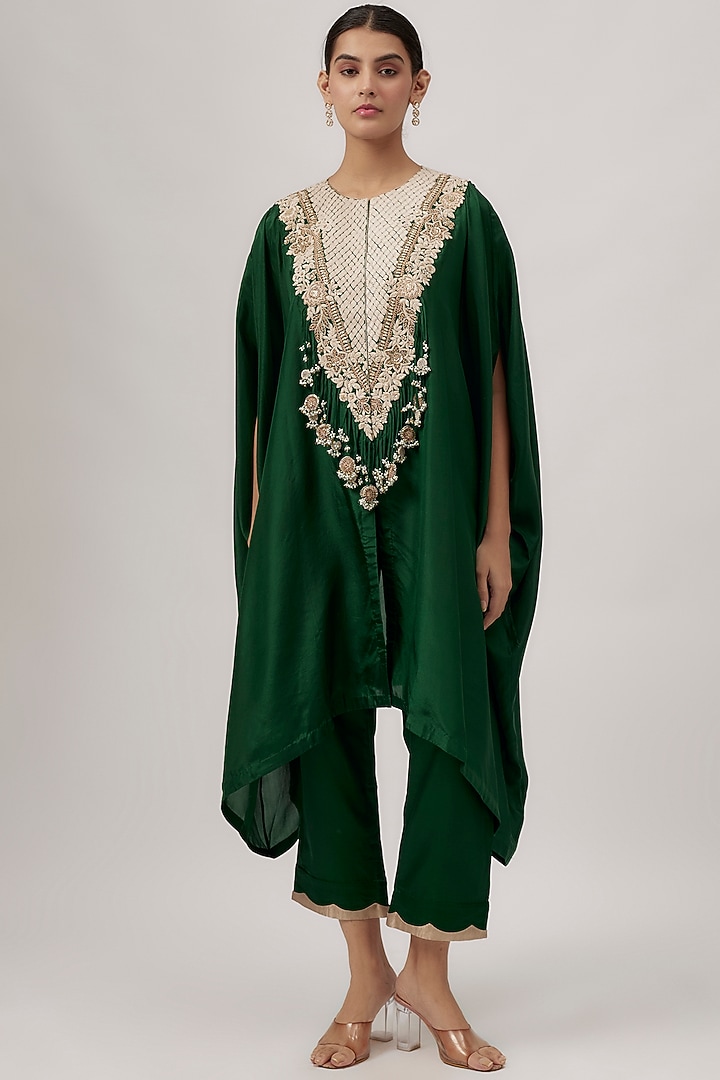 Bottle Green Habutai Silk Resham Work Kaftan Set by Prisho at Pernia's Pop Up Shop