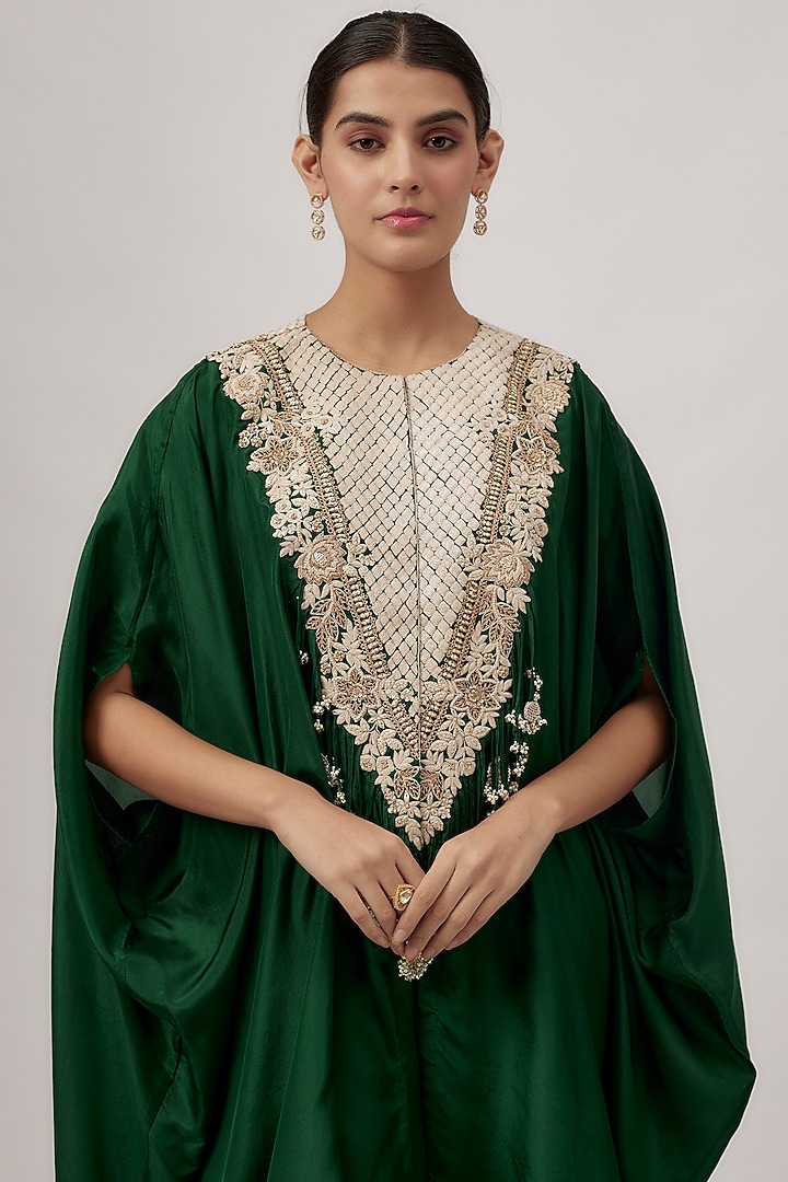 Bottle Green Habutai Silk Resham Work Kaftan Set by Prisho at Pernia's Pop Up Shop
