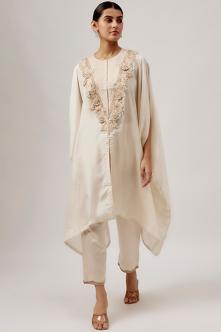 Ivory Habutai Silk Resham Work Kaftan Set by Prisho at Pernia's Pop Up Shop