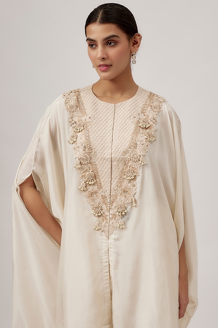 Ivory Habutai Silk Resham Work Kaftan Set by Prisho at Pernia's Pop Up Shop