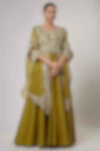 Olive Green Silk Gota Work Bridal Anarkali Set by Prisho at Pernia's Pop Up Shop