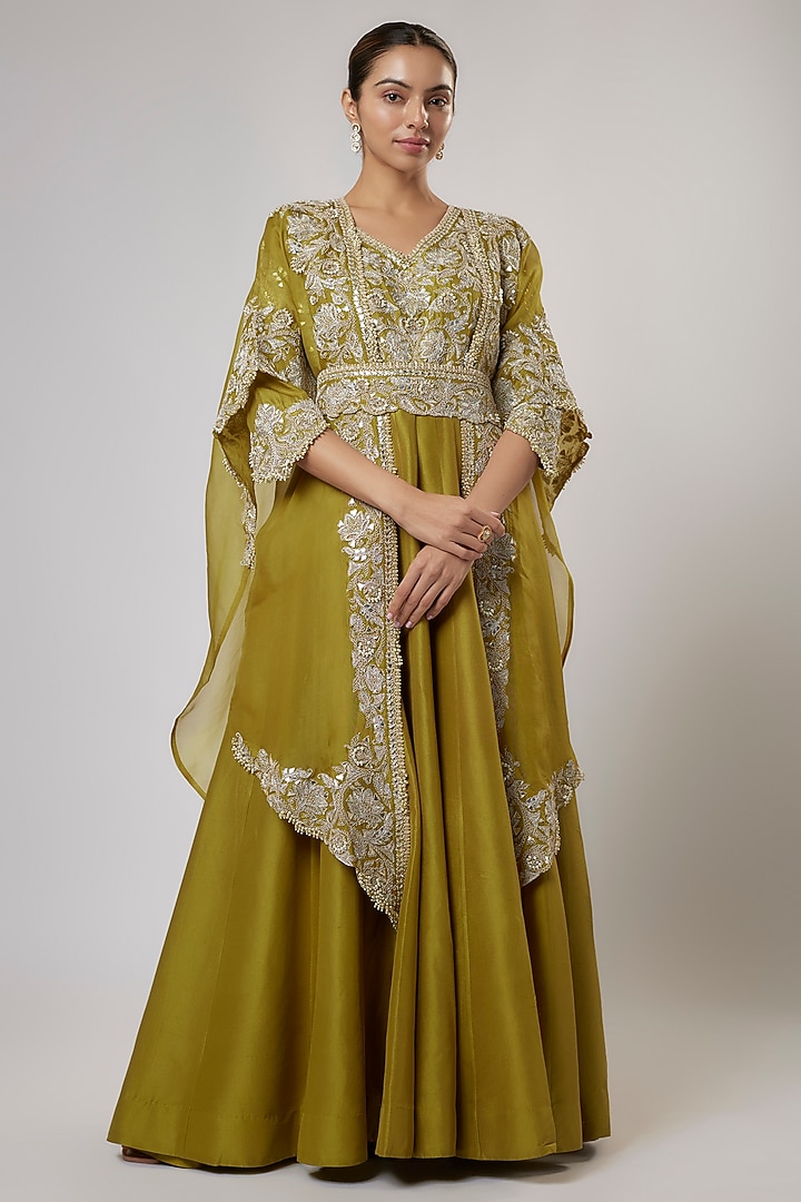 Olive Green Silk Gota Work Bridal Anarkali Set by Prisho at Pernia's Pop Up Shop
