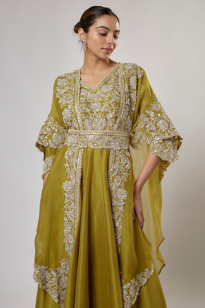 Olive Green Silk Gota Work Bridal Anarkali Set by Prisho at Pernia's Pop Up Shop