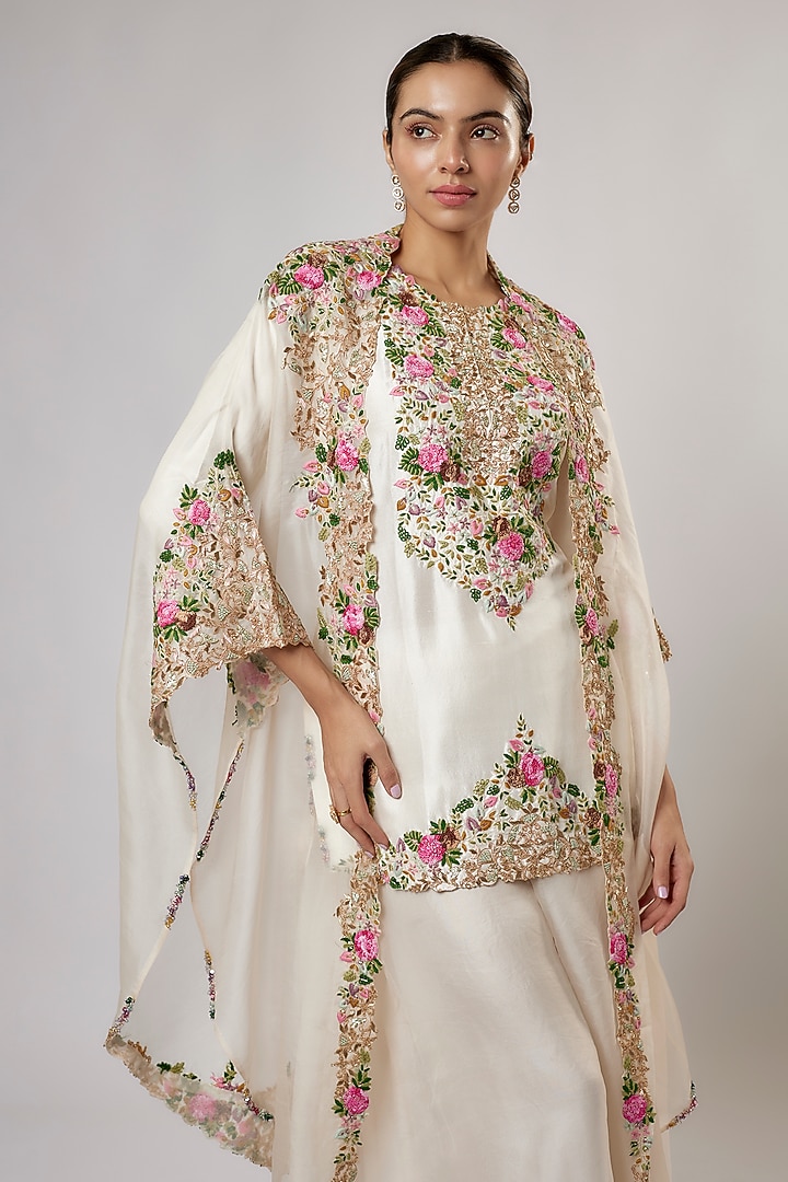 Ivory Organza Thread Work Cape Set by Prisho at Pernia's Pop Up Shop