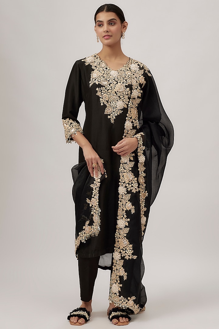 Black Silk Resham & Lampi Work Kurta Set by Prisho at Pernia's Pop Up Shop