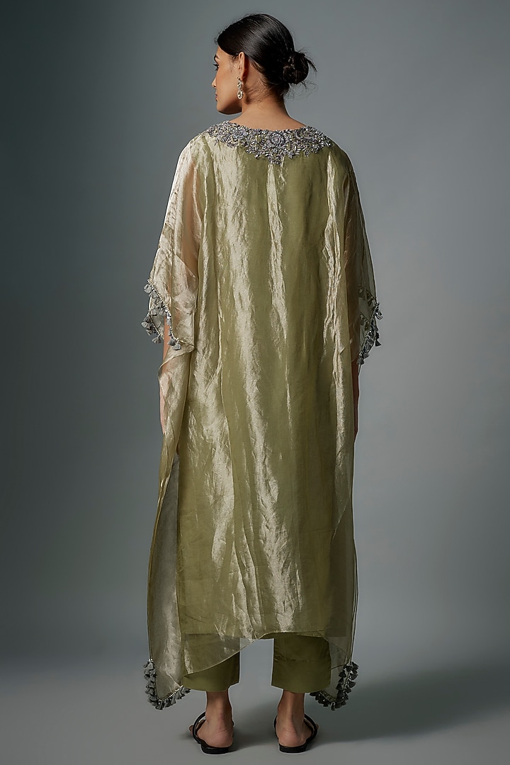 Sea Green Tissue Zari Embroidered Kaftan Set by Prisho at Pernia's Pop Up Shop