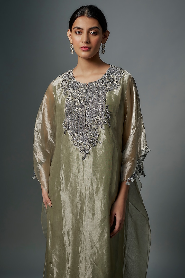 Sea Green Tissue Zari Embroidered Kaftan Set by Prisho at Pernia's Pop Up Shop