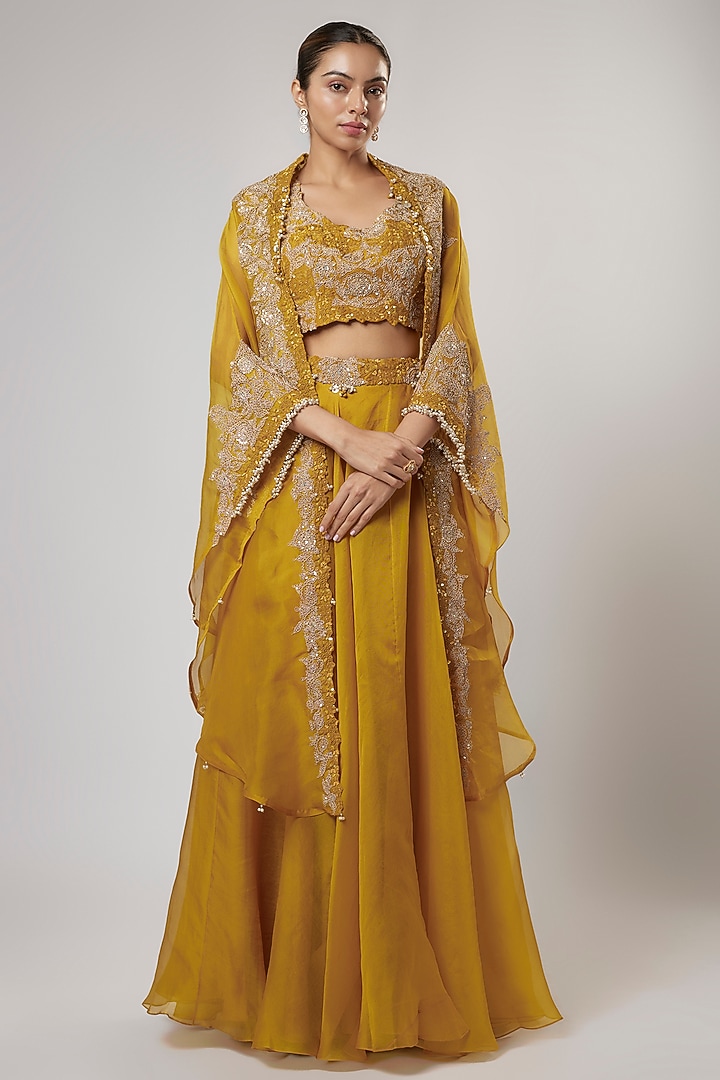 Mustard Organza Dori Work Cape Set by Prisho at Pernia's Pop Up Shop