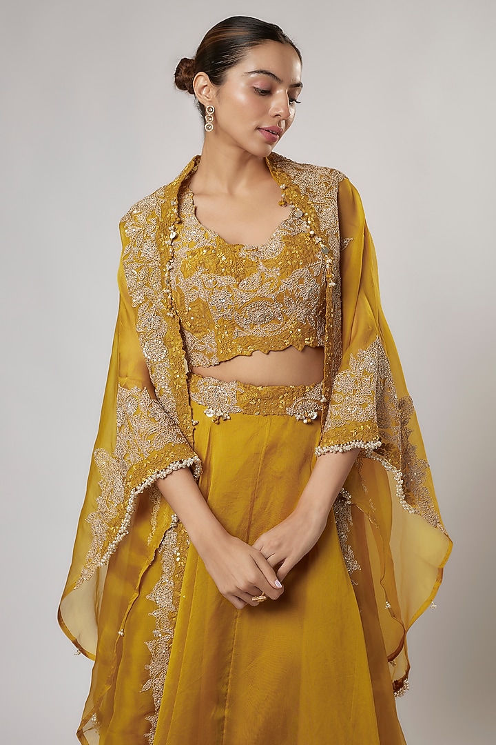 Mustard Organza Dori Work Cape Set by Prisho at Pernia's Pop Up Shop