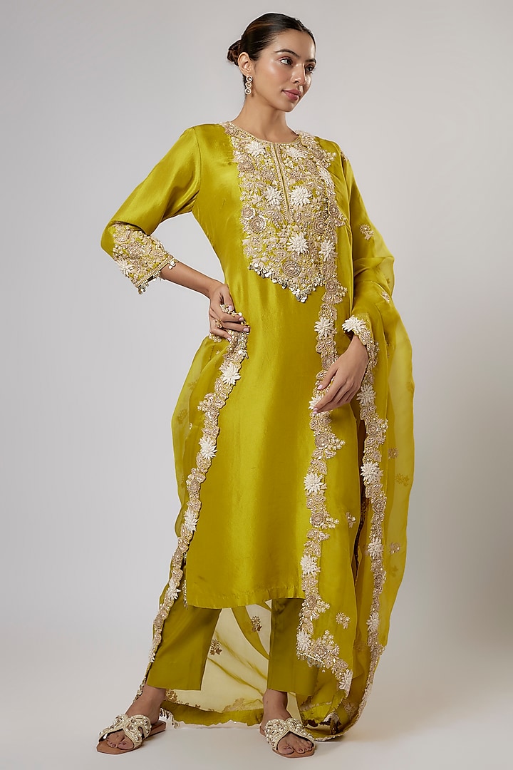 Lime Green Silk Lampi & Resham Work Kurta Set by Prisho at Pernia's Pop Up Shop