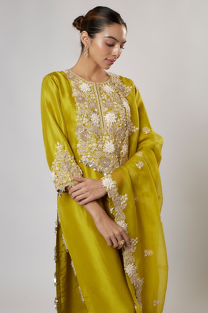 Lime Green Silk Lampi & Resham Work Kurta Set by Prisho at Pernia's Pop Up Shop