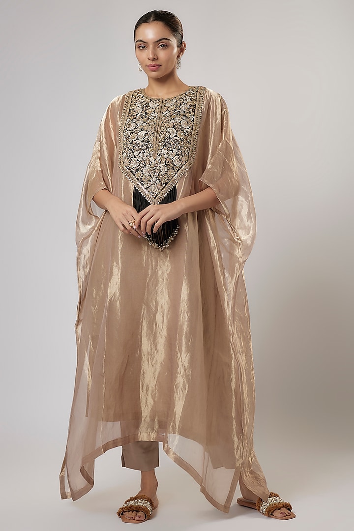 Champagne Tissue Resham Work Kaftan Set by Prisho at Pernia's Pop Up Shop