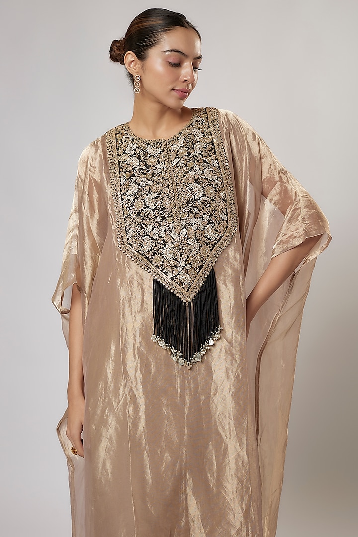 Champagne Tissue Resham Work Kaftan Set by Prisho at Pernia's Pop Up Shop