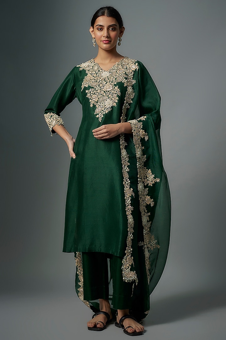 Bottle Green Silk Lampi Embroidered Kurta Set by Prisho at Pernia's Pop Up Shop