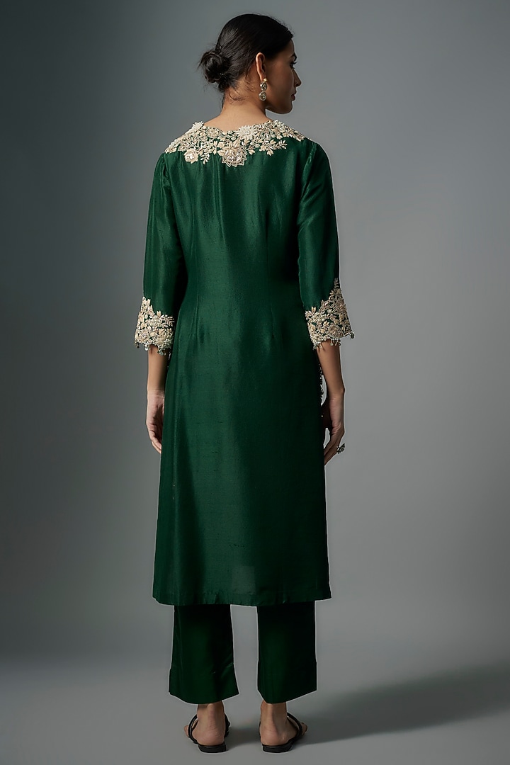 Bottle Green Silk Lampi Embroidered Kurta Set by Prisho at Pernia's Pop Up Shop